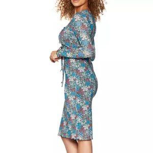 BCBG GENERATION Stretch Mesh Midi Cutout Dress in Blue Florals Size Medium NWT